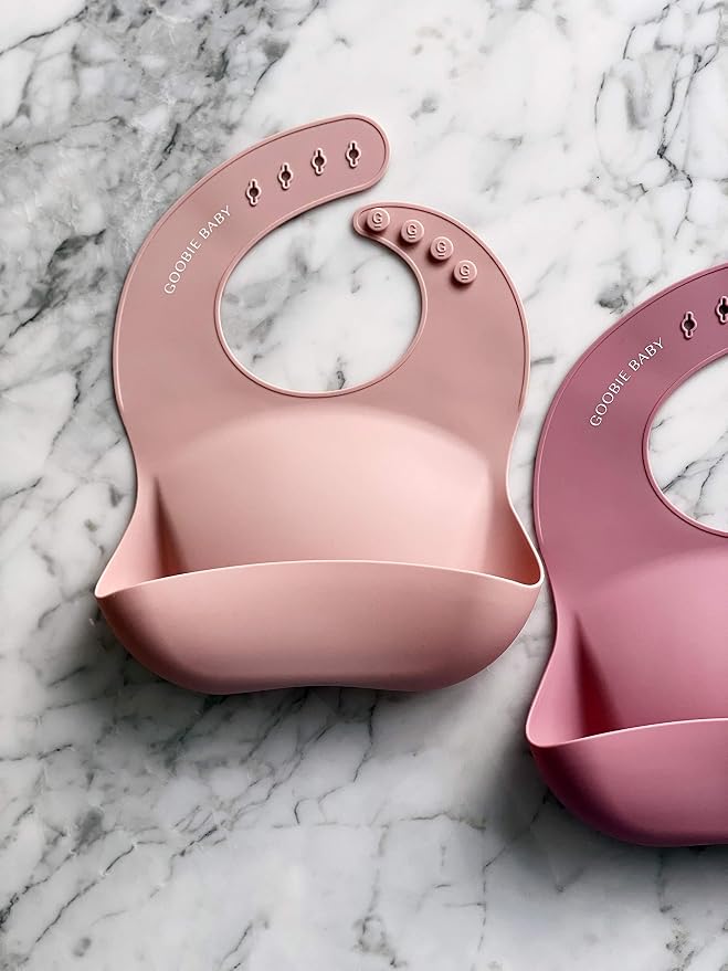 Goobie Baby Silicone Baby Bib with Food Catcher - Adjustable Waterproof Feeding Bib for Babies and Toddlers 4 to 36 Months in Stylish Colors for Girl and Boy - Modern, Soft, Easy to Clean (Blush)