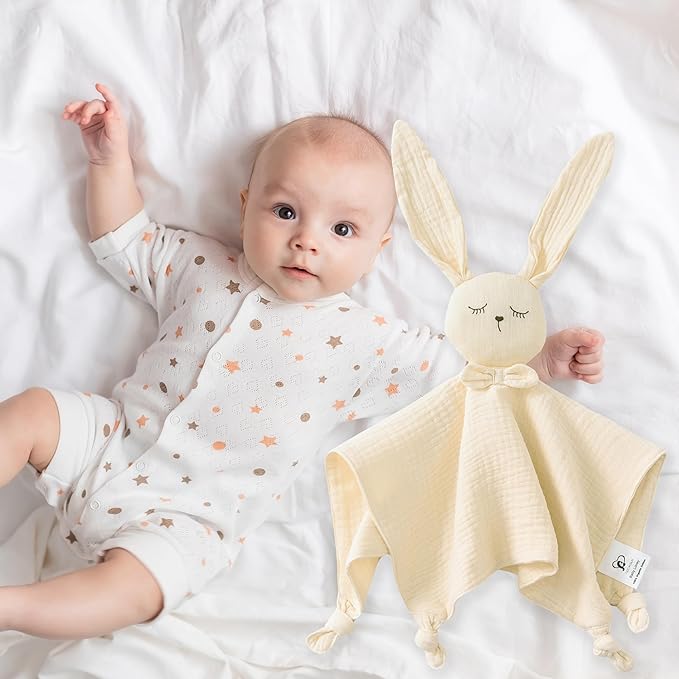 TADO MUSLIN Organic Cotton Baby Lovey Security Blanket, 2-Pack Bunny and Lion Stuffed Animal Comforter Blankie for Newborn, Infant, Toddler 0-3 Years - Machine Washable (12.5in)
