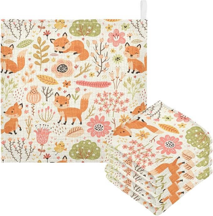 vvfelixl Baby Washcloths Cotton Foxes and Flowers Flesh Colored Baby Muslin Washcloths Soft Baby Face Towel for Newborn Infants Baby Wipes, 11.8 X 11.8 Inch, 5 Pack