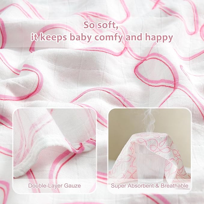 Muslin Swaddle Blankets for Newborn, Large 47"x47" Soft Breathable Bamboo Cotton Baby Blanket, Lightweight Receiving Blanket for Boys and Girls, Ribbon Dance