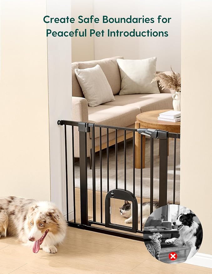 Babelio Baby Gate with Cat Door, CatPrivilege ?? Extra Wide 29-55" Cat Gate, 30" Tall Pressure Mounted Safety Gate for Large Openings, Stairs & Doorways, Auto Close, Black