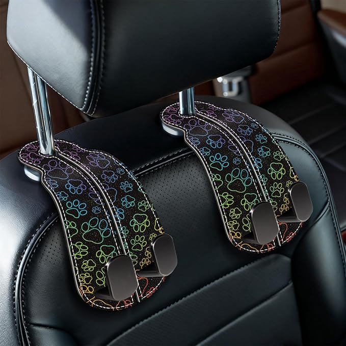 Blusabaca 2PCS Car Seat Back Storage Headrest Hooks, Dog Paw Purse Holder Bags Hanger, PU Leather Double Metal Hook for Backseat Organizer, Women Car Accessories Organization