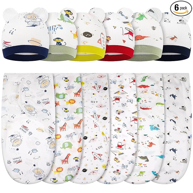 Ramede 6 Pack Swaddle Blanket with Hats for Baby Girl Boy 100% Cotton Swaddles 0-3 Months, Adjustable Breathable Skin Friendly Receiving Blanket Wrap, Essential for Newborns(Rocket,Colorful)
