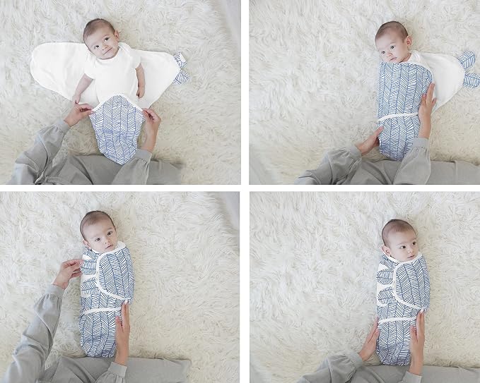 BaeBae Goods Swaddle Blanket, Adjustable Infant Baby Swaddling Wrap Set of 4, Baby Swaddling Wrap Blankets for Boys and Girls Made in Soft Cotton (Navy/Grey Triangles, 0-3 Months)