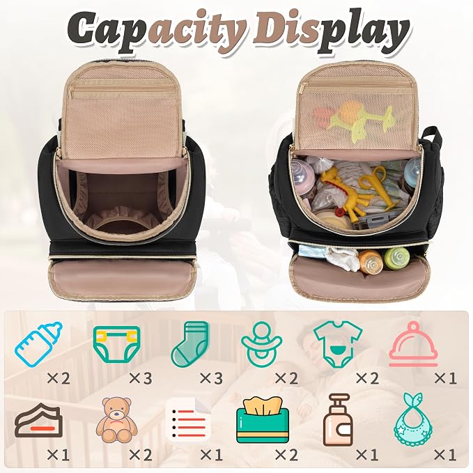 Diaper Bag Backpack, 22L Large Quilted Small Baby Bag with Changing Pad & Pacifier Case, Stroller Hooks, Easy-Access Baby Essential, Maternity Travel Backpack Unisex, Black