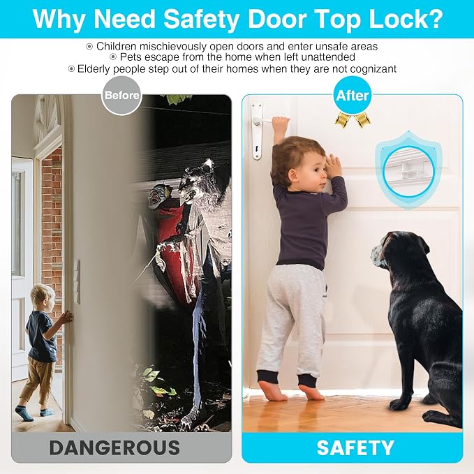 Adjustable Child Safety Door Top Lock｜Metal Child Proof Door Top Lock for Interior&Exterior&French Door｜Lock & Unlock from Either Sides｜for Childproofing｜Sliding Door Lock for Kids Safety｜White