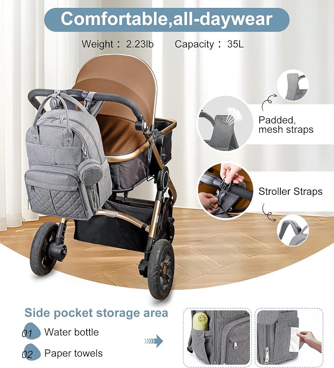 MOONBABY Diaper Bag Backpack, Baby Diaper Bags with Portable Changing Pad and Pacifier Case, Multifunctional Travel Diaper Backpacks, Unisex Baby Bags, Grey