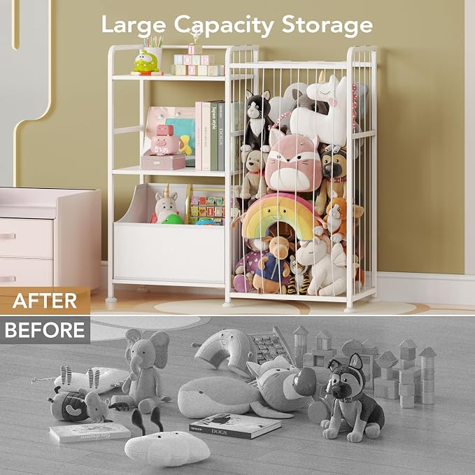BBLIKE Kids Bookshelf and Toy Storage Organizer, Stuffed Animal Storage Holder with Fabric Toy Chest, 2-Tier Toddler Book Shelf for Kids Room, Playroom, Nursery, White