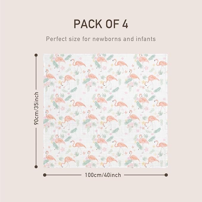 GLLQUEN BABY Muslin Swaddle Blankets 4-Pack Breathable Receiving Blankets (35" x 40") Soft Baby Blankets for Girls and Boys Newborn Essentials Muslin Burp Cloths Swaddle Wrap Baby Gift(Flamingo)