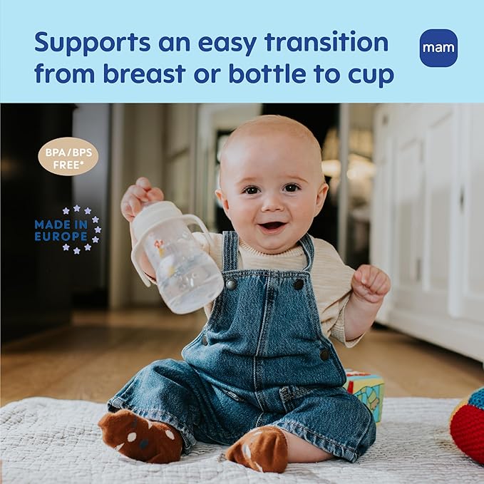 MAM Trainer Sippy Cup for Toddlers 1-3, 8 oz. Transition Drinking Cup with Extra-Soft Spout, Spill-Free Nipple, and Non-Slip Handles, for Boys 4+ Months, 1 Count