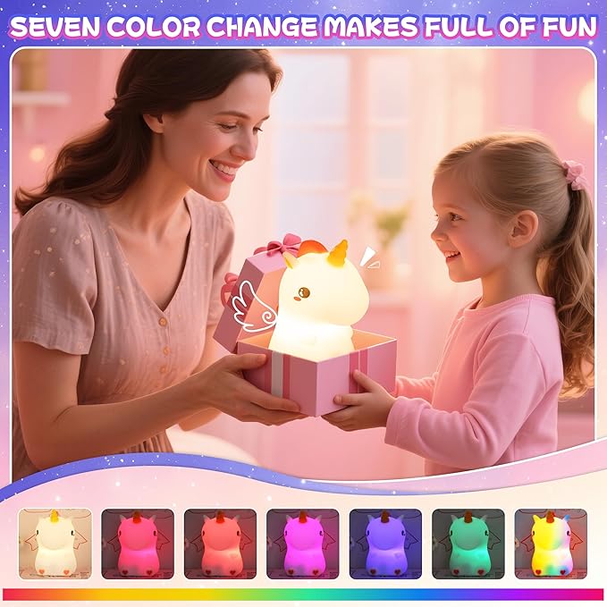 Night Light for Kids, Rechargeable Dimmable Silicone LED Nightlight with 7 Colors, Baby Nursery Night Lamp, Touch Squishy Lamp, Cute Gifts for Girls, Boys, Toddler Room Decor, Unicorn