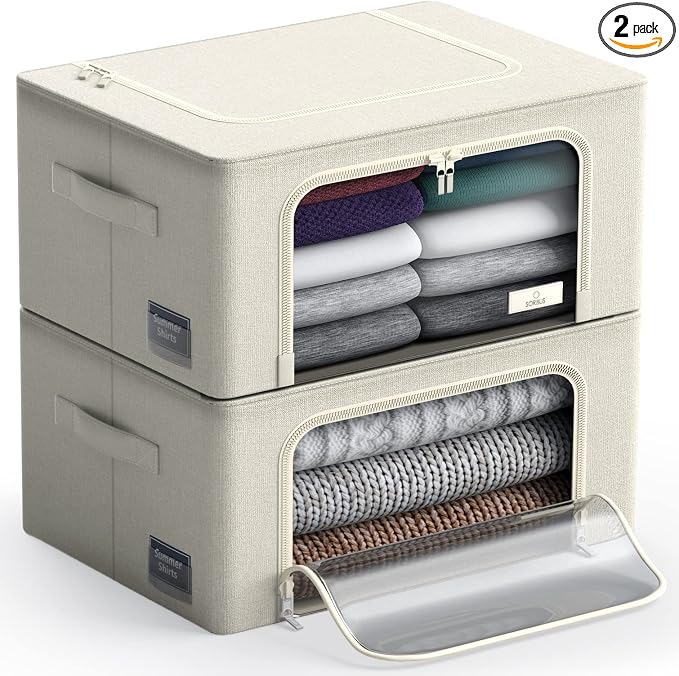 Sorbus Storage Bins with Metal Frame - Stackable & Foldable Clothes Organizer Bags - Oxford Fabric Storage Containers with Large Clear Window & Carry Handles, Bedroom Organization for Bedding & Linen