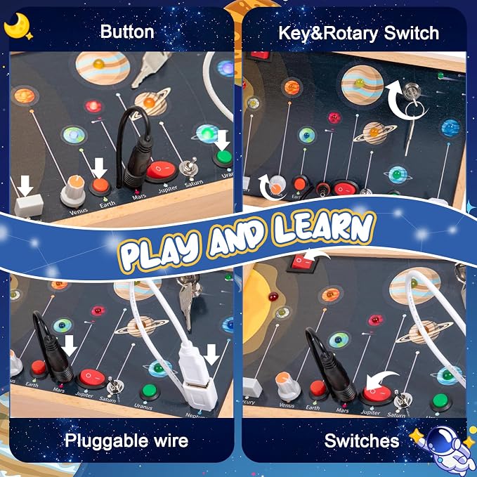 Adena Montessori Solar System Busy Board for Toddlers - Wooden Sensory Activity Toys with LED Light Switch, Travel Toys for 1-6 Year Old Boys & Girls Gifts, Educational Board for Fine Motor Skills