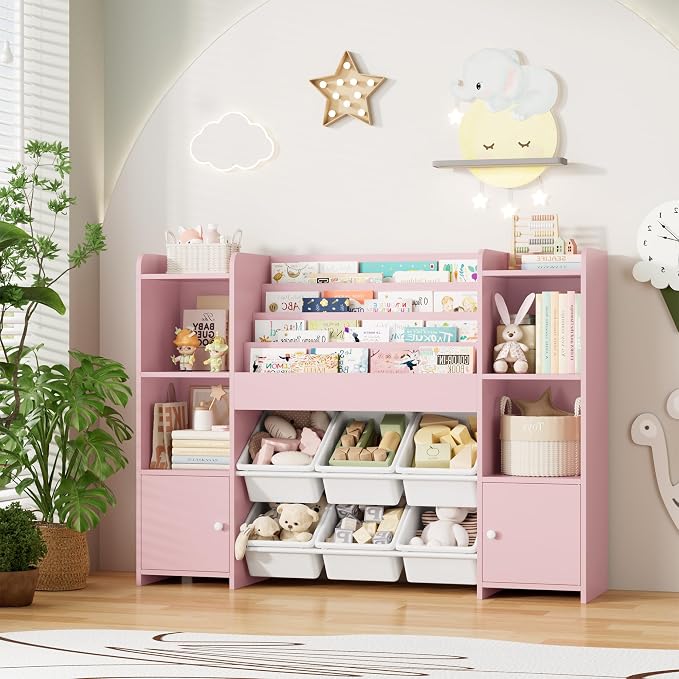 FINETONES Toy Storage Organizer with 6 Toy Bins, Toy Organizer Kids Bookshelf with 6 Cubbies, Toy Organizers and Storage Bins, Playroom Storage and Toy Chest, Pink