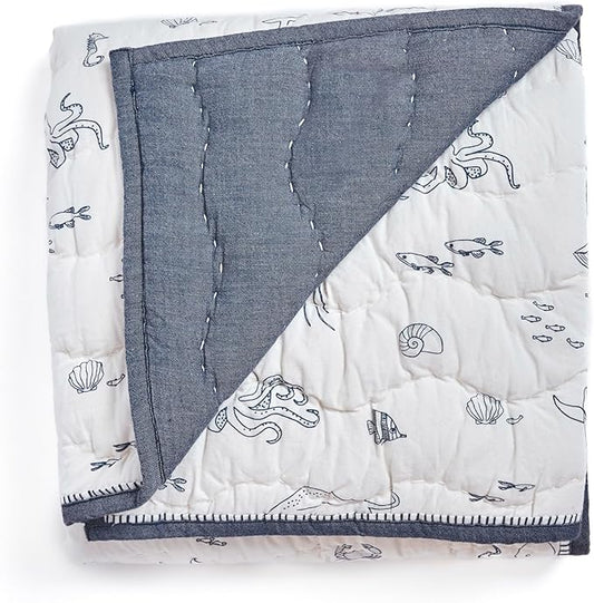 PEHR Chambray Blanket | Heirloom-Quality Reversible Baby Blanket | 100% Cotton Exterior with Soft Polyfill | Hand-Finished Details | 36" x 36" / 91.5 x 91.5 cm | Life Aquatic