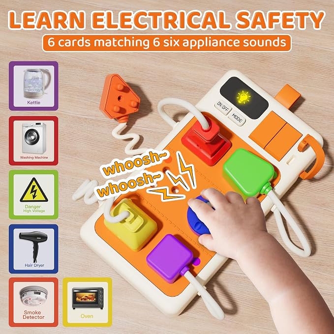 Aprilwolf 9 PCS Sensory Plug Outlet for Toddlers 2-3, Power Strip Montessori Toys for 18+ Months, Busy Board with Light & Sounds, Airplane Car Travel Toys Gift for Baby
