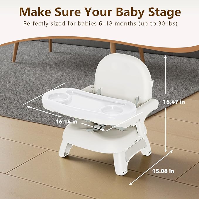 Booster Seat for Kitchen Chair, 3-in-1 Foldable & Portable Booster Seat with Tray, Extra Dishwasher-Safe Tray, Safety Straps for 6??8M (Up to 30 lbs), for Dining Table, Travel & Camping, Gray