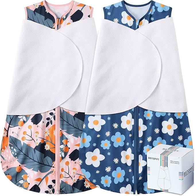 BSTOPPT Newborn Sleep Sack Baby Swaddle,3-Way Adjustable Wearable Blanket,100% Rayon Cotton Swaddling Sleeping Bag，TOG 0.5 (Gerbera & Tulips, 0-3 Months)