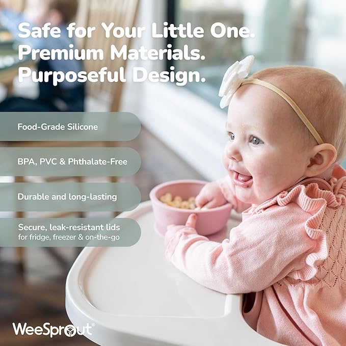 WeeSprout Suction Bowls for Baby & Toddlers (Set of 2) - 100% Silicone w/Plastic Lid - Leak Proof Feeding Supplies - Dishwasher & Microwave Safe Infant Dinnerware w/Extra Strong Base
