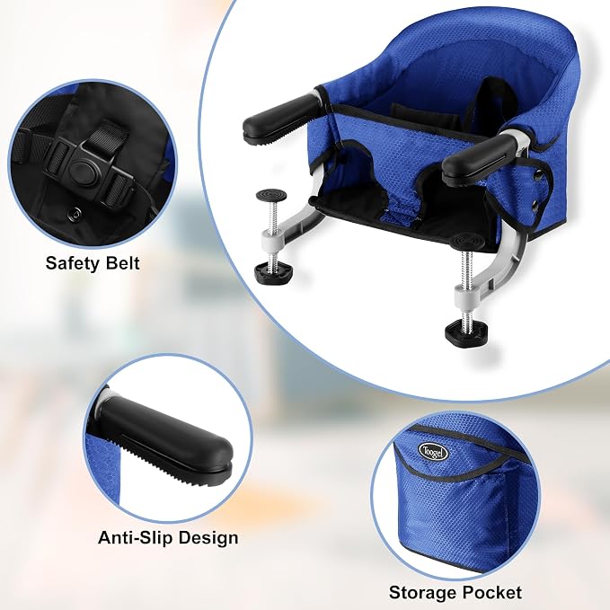 Fast Table Chair Hook on Chair Clip on Table Clamping Chair Portable Heavy Duty Feeding Seat, Fold-Flat Storage, Attach to Table Removable Travel Chair for Babies and Toddlers (Bright Blue)