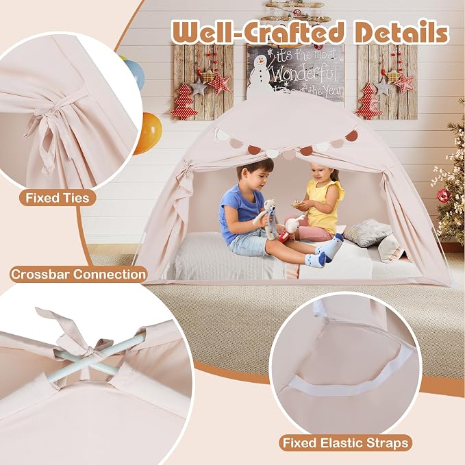 HONEY JOY Bed Tent Twin for Kids, Foldable Play Tent Canopy w/Flags, Windows, Indoor Outdoor Playhouse Toddler Tent, 79” x 39” x 48”, Washable, Kids Tent for Boys Girls Aged 3+, Birthday (Beige)