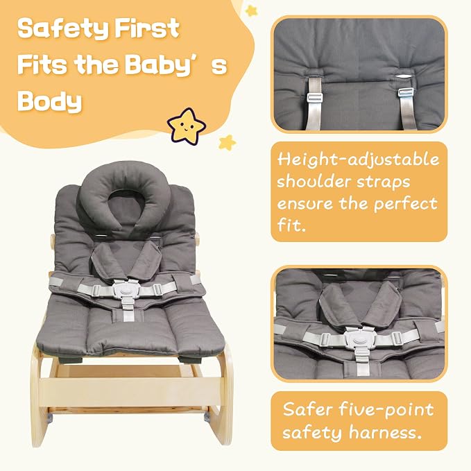 Baby Bouncer,Adjustable Baby Rocker, 3-in-1 Wooden Infant Rocker Chair with 5-Point Harness, Toddler Seat for Infant to Toddlers,Grey