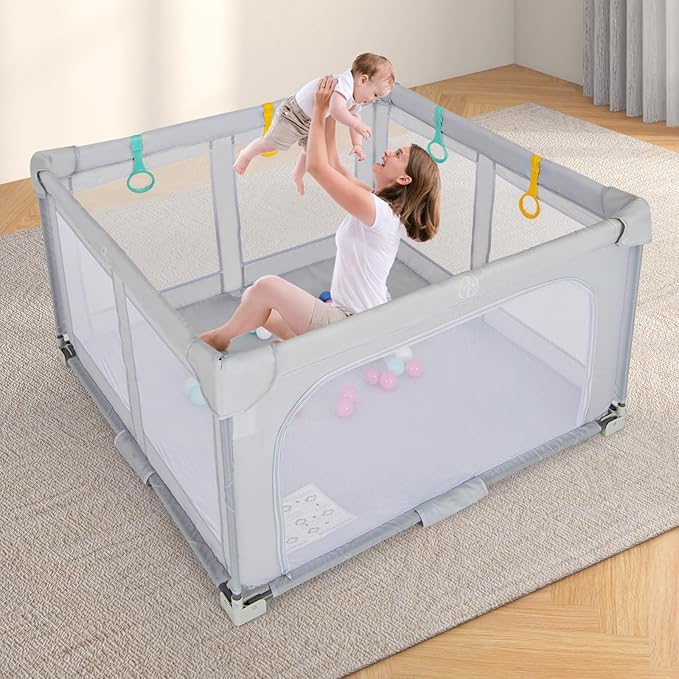 Costzon Foldable Playpen for Babies, 50''x50'' Portable Baby Play Pen with 50 PCS Ocean Balls, 4 Handles, Carry Bag, Visible Mesh, Kids Activity Center with Gates, Indoor & Outdoor Gate Play Pen