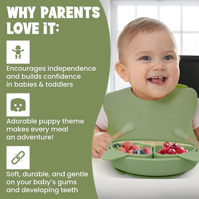 Baby Feeding Essentials, Baby Led Weaning Supplies, Silicone Baby Feeding Set, with Baby Spoon, Fork, Baby Bib, Sippy Cup, Suction Plate, Suction Bowl, Baby Eating Essentials, 6+ Months (Olive)