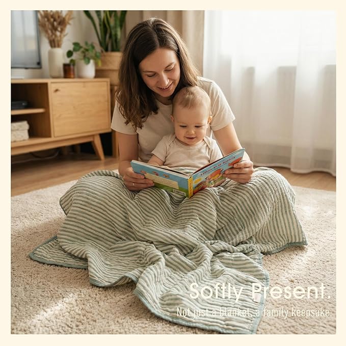 Ultra Soft Muslin Baby Blanket - Made with Organic Cotton, Gender Neutral Sage Green Striped Jacquard, Swaddle & Crib Quilt, 43x43 Inches (Sage Green Stripes)
