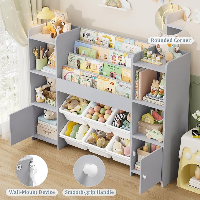 FINETONES Toy Storage Organizer with 6 Toy Bins, Toy Organizer Kids Bookshelf with 6 Cubbies, Toy Organizers and Storage Bins, Playroom Storage and Toy Chest, Grey