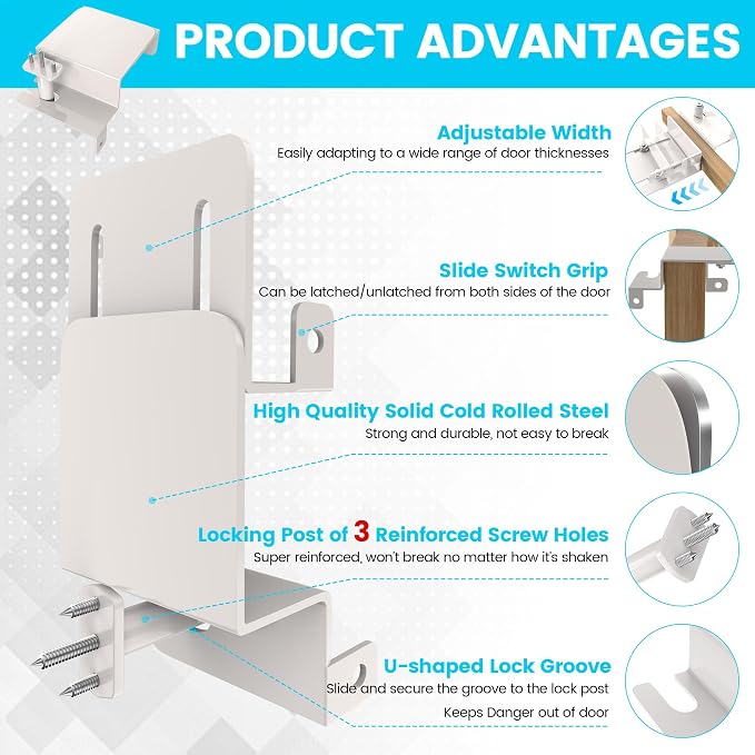 Adjustable Child Safety Door Top Lock｜Metal Child Proof Door Top Lock for Interior&Exterior&French Door｜Lock & Unlock from Either Sides｜for Childproofing｜Sliding Door Lock for Kids Safety｜White