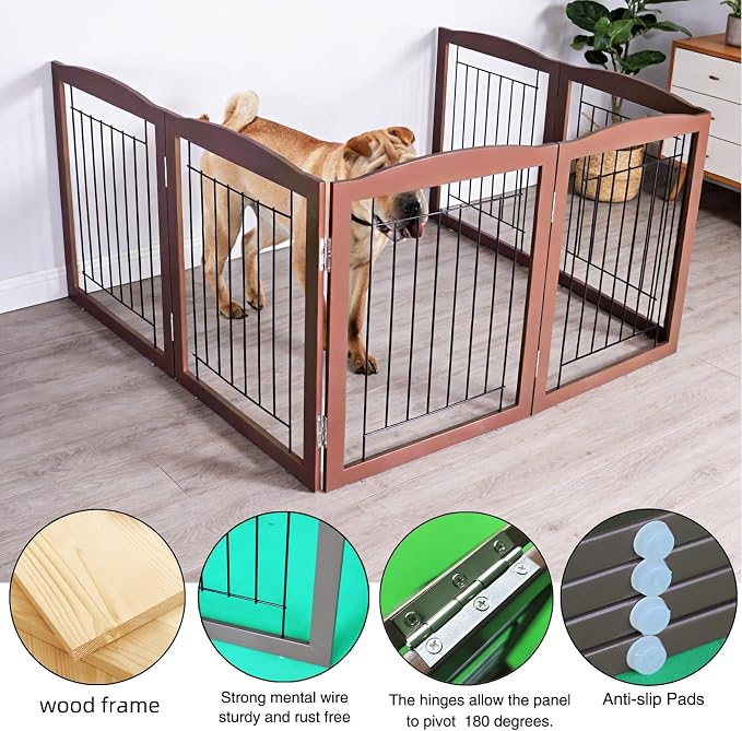 ZJSF Freestanding Foldable Dog Gate for House Extra Wide Wooden Brown Puppy Gate Stairs Dog Gates Doorways Tall Pet Gate 32 "Height 6 Panels Pet Fence