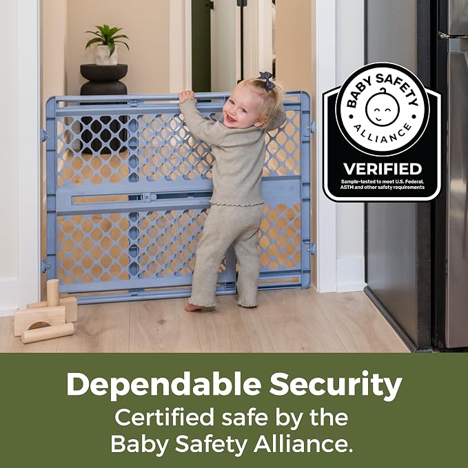 Toddleroo by North States - Renew 100% Recycled Plastic Baby Gate for Doorway; Sturdy for Indoor & Outdoor Use: Pressure Mounted, No Drill Gate; Made in USA; 26" to 42" Wide, 26" Tall Slate Blue