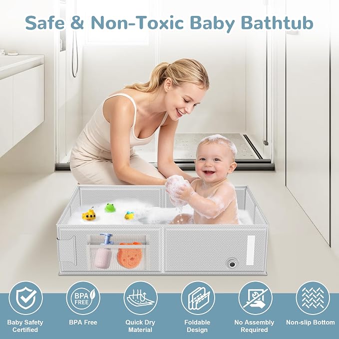 Collapsible Baby Bathtub, Foldable Toddler Bath Tub with Chick Pattern Bath Rinse Cup, No Assembly Portable Travel Bathtub for 6M-5Y, Ideal for Shower, Travel Essentials & Baby Registry Gift