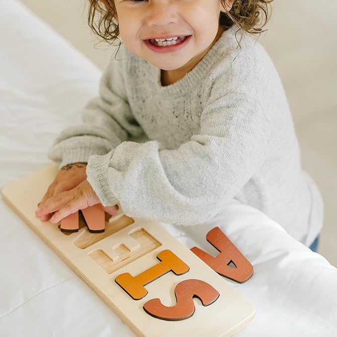 Personalized Wooden Name Puzzle for Kids, Handmade in USA by Bloom Owl, Custom Baby Gifts for Boys and Girls Easter or First Birthday, Montessori Toys for Toddlers 1-3, Baby Puzzle