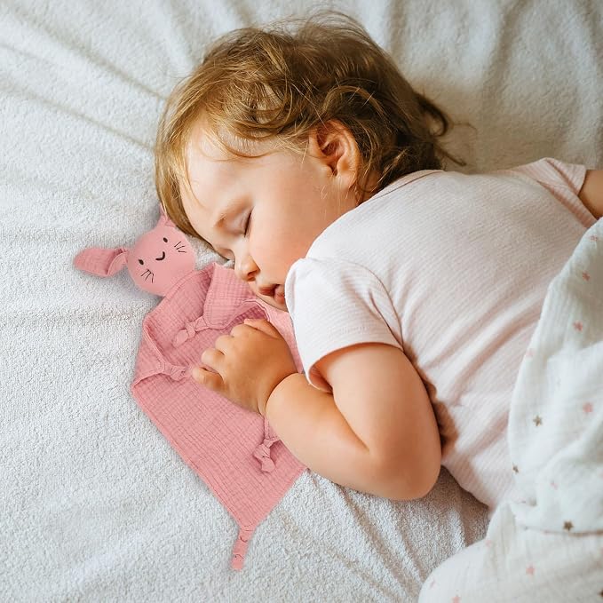 Organic Cotton Muslin Bunny Lovey Blanket, Soft & Breathable Security Blanket for Newborns, Unique Baby Gifts for Boys and Girls, 2 Pcs Set (Pink&Green)