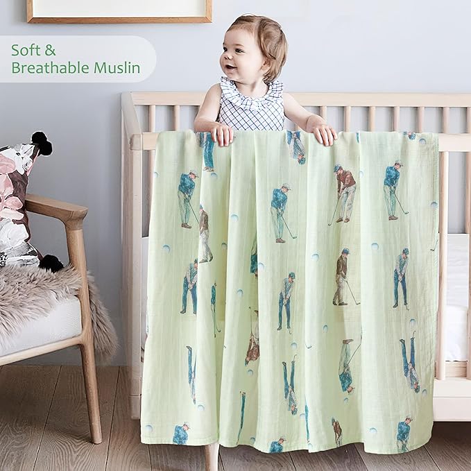 Muslin Swaddle Blankets for Newborn, Large 47"x47" Soft Breathable Bamboo Cotton Baby Blanket, Lightweight Receiving Blanket for Boys and Girls, Green Swing