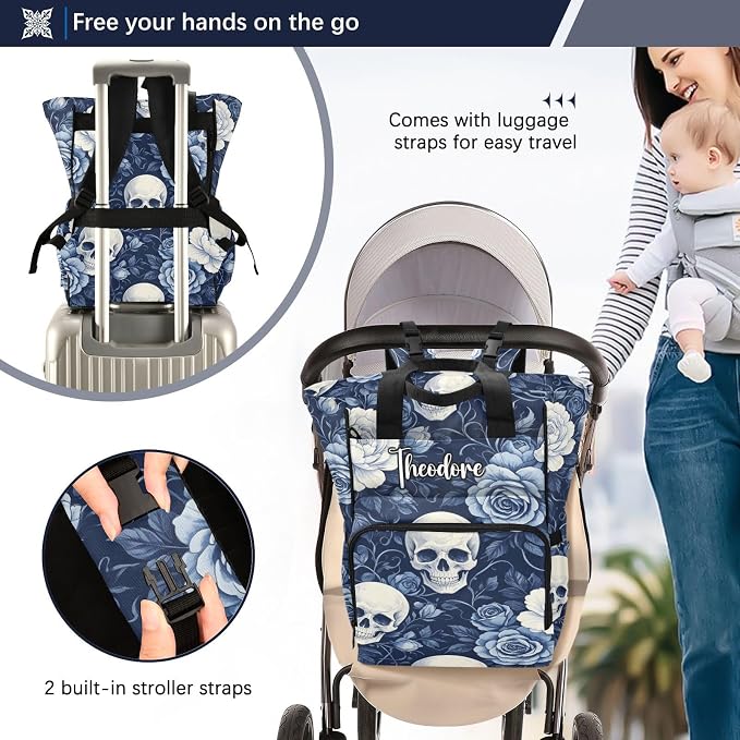 Custom Name Bule Gothic Red Rose Diaper Bag Insul Bottles Unisex Mom Dad