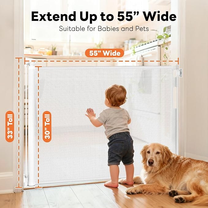 (2 Pack) Retractable Baby Gate for Stairs and Doorways, 55" Wide x 33" Tall Mesh Dog Gate for Indoor & Outdoor Use, Safety Gate for Babies and Pets, Child Gates for Hallways, Hardware Mounted, White