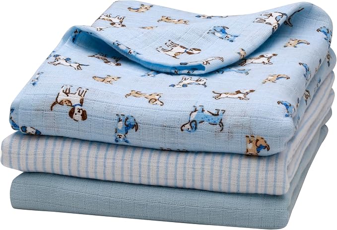 3 Pack Cotton Muslin Swaddle Blankets for Baby, 40" x 36", Lightweight, Breathable, Blue (Puppy Print, Stripe, Solid)
