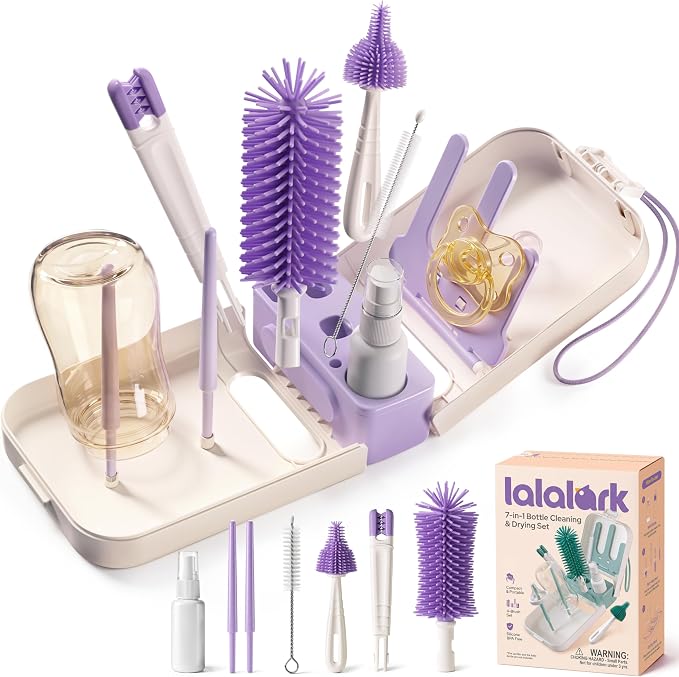 lalalark 7-in-1 Baby Bottle Brush Set, BPA Free Silicone Baby Bottle Cleaning Kit with No Scratch Dual-Headed Brush, Nipple Brushes,Soap Dispenser & Drying Rack,Travel Cleaner with Storage Case,Purple