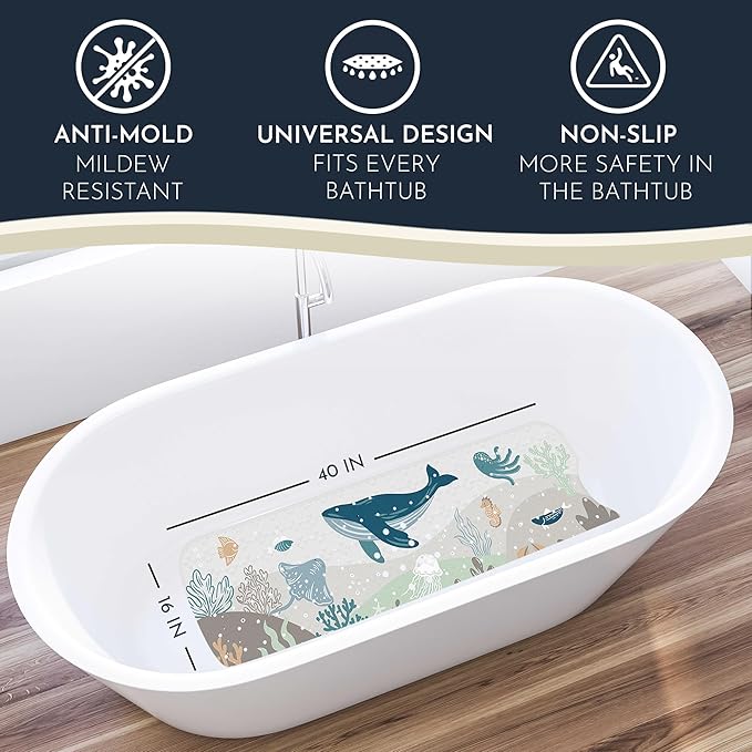 Bathtub Mat Non Slip Anti Mold for Kids 40x16 - homerella® Bath Mat for Tub, BPA Free, Incl. 2 Hooks, Washable Shower Mat Non Slip Anti Mold, Shower Mats for Inside Shower, EU Certified