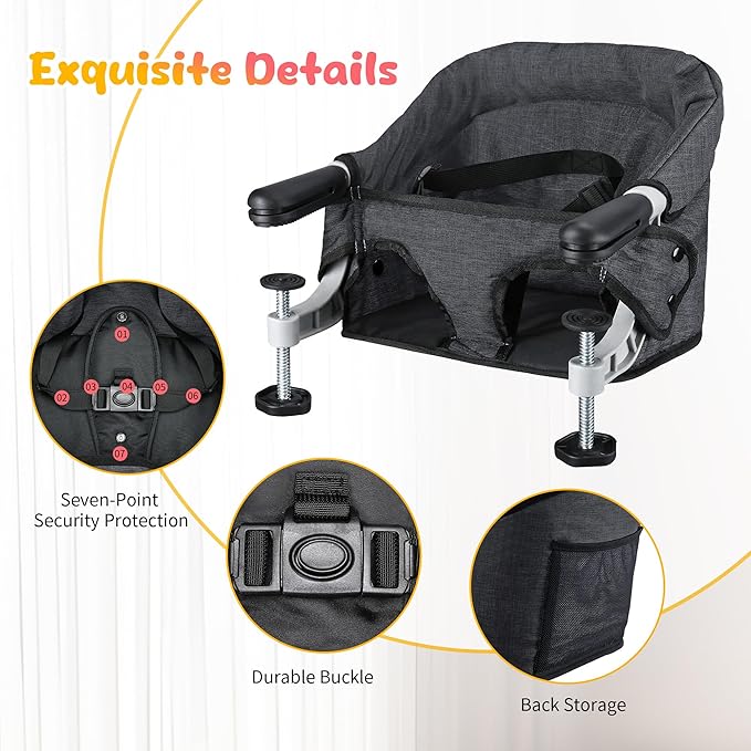 Hook On High Chair for Babies 6-36 Months | Secure & Portable Foldable Travel High Chair | Clip On Baby Feeding Seat with Non-Slip Aluminum Clamp, Detachable Washable Cover & Carry Bag (Black)