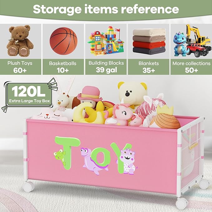 120L Kids Extra Large Toy Box with Wheels & Handle, 33.1??x 16.5??x 14.6??Big Toy Chest for Boys Girls, Toy Storage Organizer for Living Room Area, Playroom(Pink, 1PC)