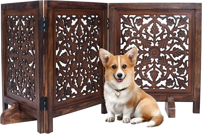 Dog Gate Indoor, Free Standing Folding Wooden Dog Gate for Doorway, Hallway or Stairs, Decorative 3 Panel Wood Pet Fence, 60x24 Inch Pet Gate, Natural Burnt Lucy Design
