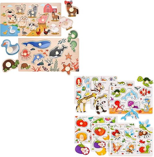 Wooden Peg Puzzles for Toddlers 1-3, Montessori Puzzles, Great Preschool Educational Learning Gifts for Girls and Boys