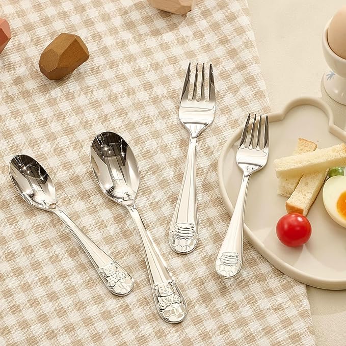 KINGSTONE Kids Silverware Set, 12-Piece Large Forks & Spoons, 18/10 Stainless Steel, Ergonomic Flatware for Self-Feeding Children, Home & Travel, Honey Bear Print