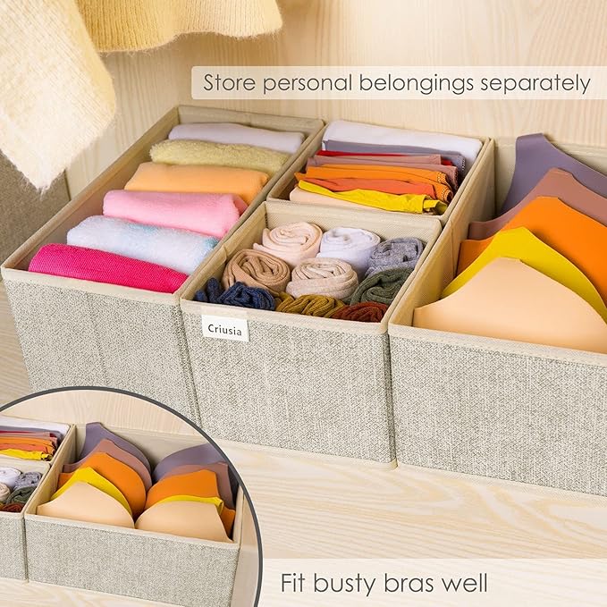 Criusia Underwear Drawer Organizer, 6 Set Foldable Underwear Drawer Organizer and Closet Dividers,Storage Box for Clothes, Socks, Underwear (6 Bins, Beige)