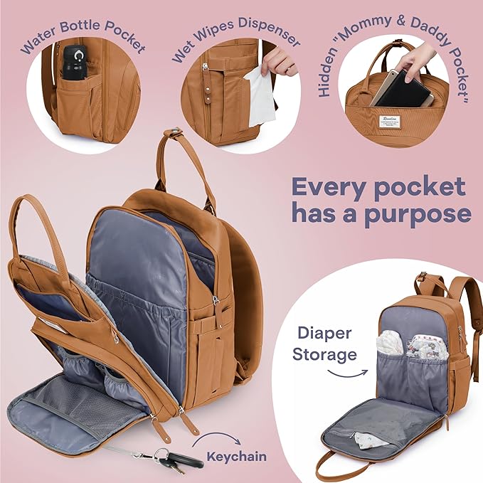 RUVALINO Diaper Bag Backpack-Multifunction Baby Travel Bag with Changing pad, Insulated Bottle Holders & Pacifier Case, Large Capacity, Waterproof, Dark Brown