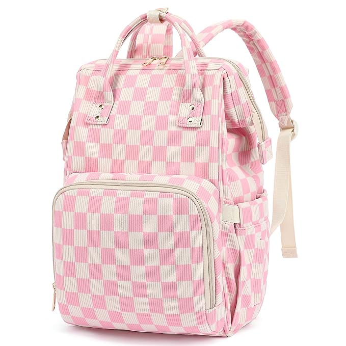 Baby Diaper Bag Backpack for Mom, Large Capacity Travel Nappy Bag for Boys & Girls with Stroller Straps (Corduroy Checkered Pink)